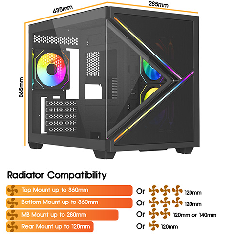 Vida Arcade Black ARGB Gaming Case - MATX Glass Panel, 3x ARGB PWM Fans, ARGB Hub & Remote Control