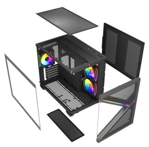 Vida Arcade Black ARGB Gaming Case - MATX Glass Panel, 3x ARGB PWM Fans, ARGB Hub & Remote Control